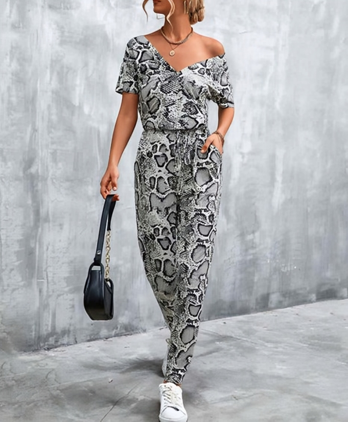 Chic djup V-ringad stilren mönstrad jumpsuit för kvinnor