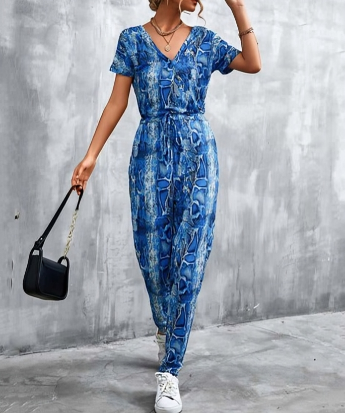 Chic djup V-ringad stilren mönstrad jumpsuit för kvinnor