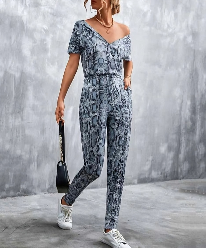 Chic djup V-ringad stilren mönstrad jumpsuit för kvinnor