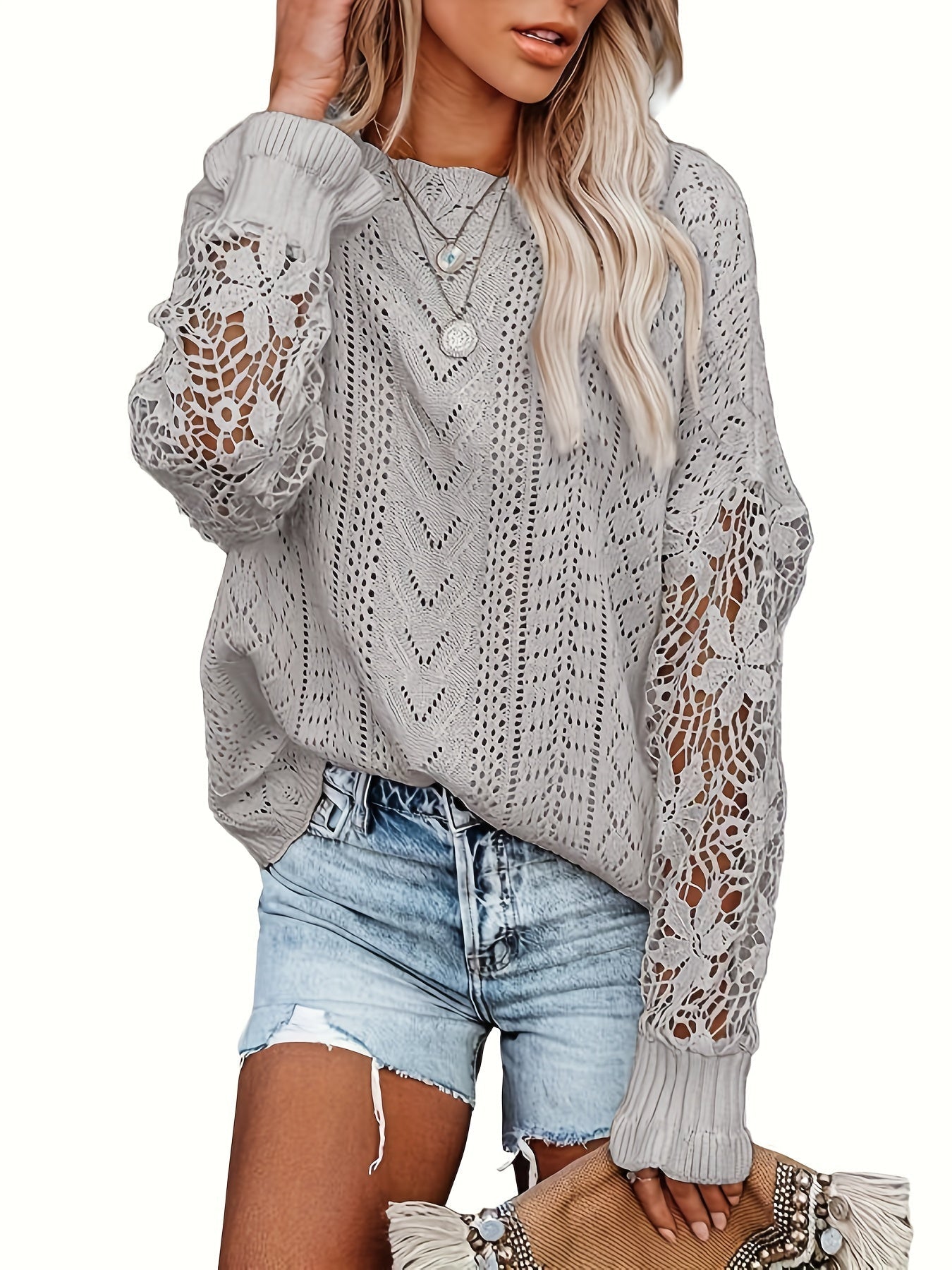 Mysig stickad boho-stil tröja för kvinnor