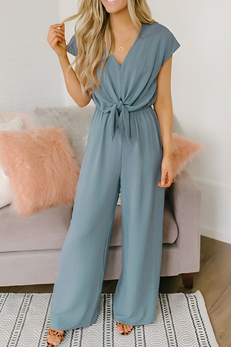 Casual stilfull V-ringad jumpsuit med vida ben för kvinnor