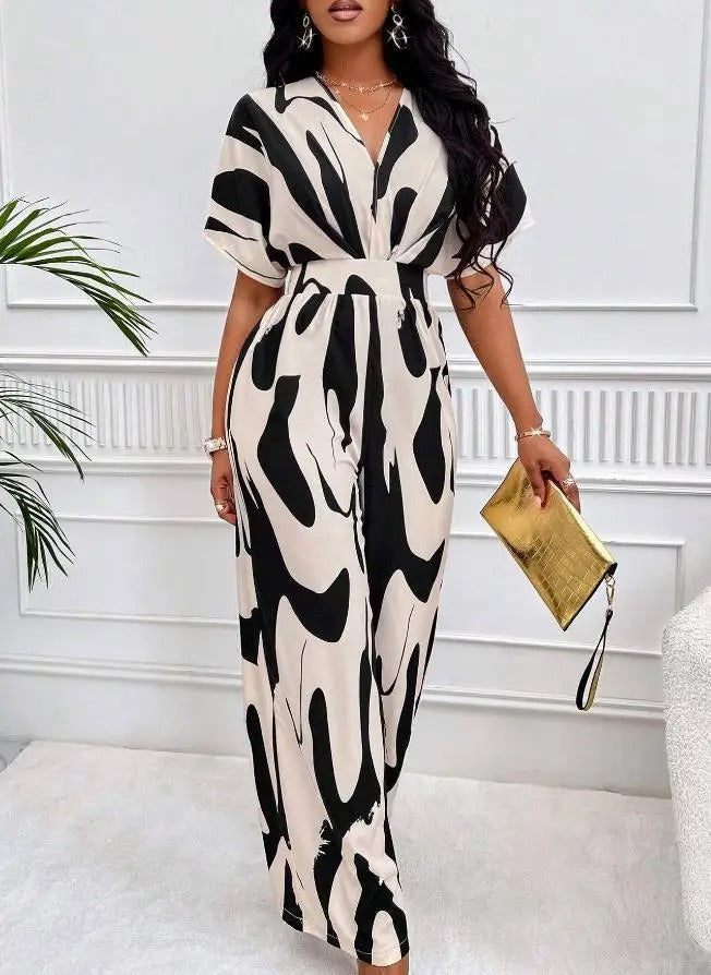 Elegant abstrakt V-ringad jumpsuit för kvinnor