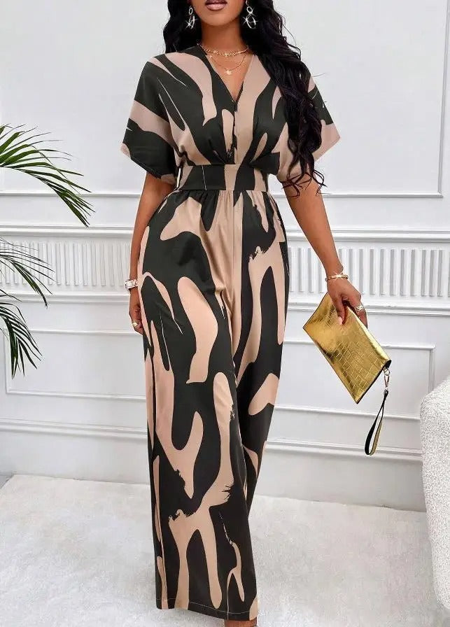 Elegant abstrakt V-ringad jumpsuit för kvinnor