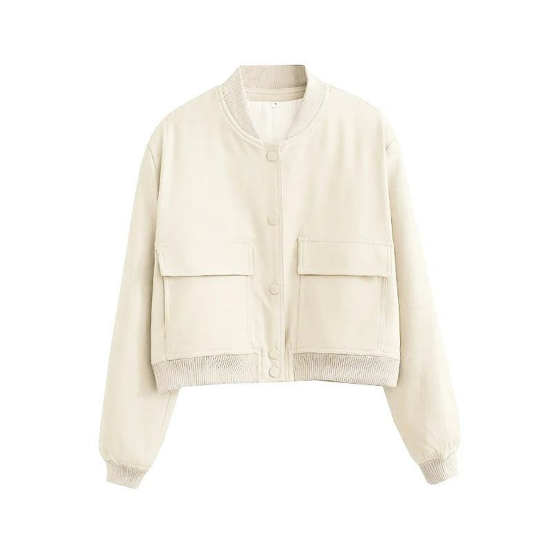 Vintage Crop bomberjackor med fickor för kvinnor
