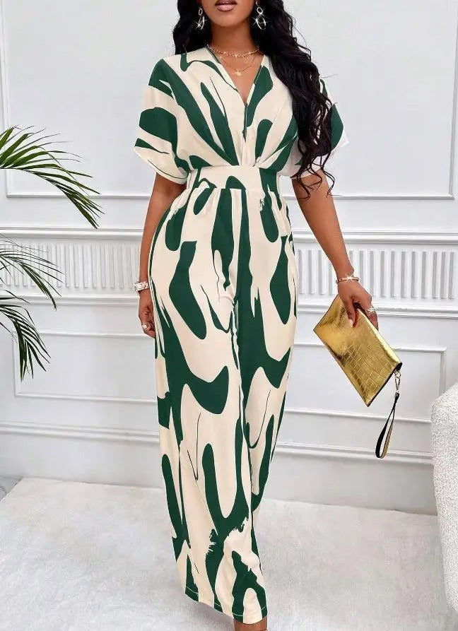 Elegant abstrakt V-ringad jumpsuit för kvinnor