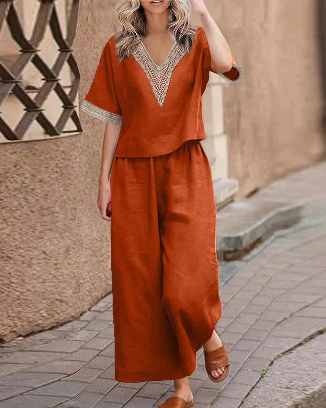 Snygg v-ringad blus och byxor elegant set för kvinnor
