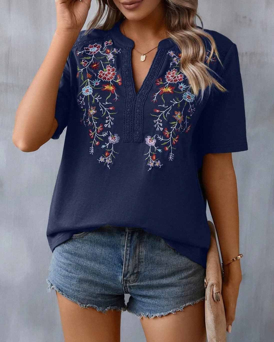 Broderad blommig blus för kvinnor
