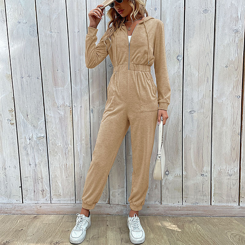 Casual långärmad zip-up jumpsuit med huva för kvinnor