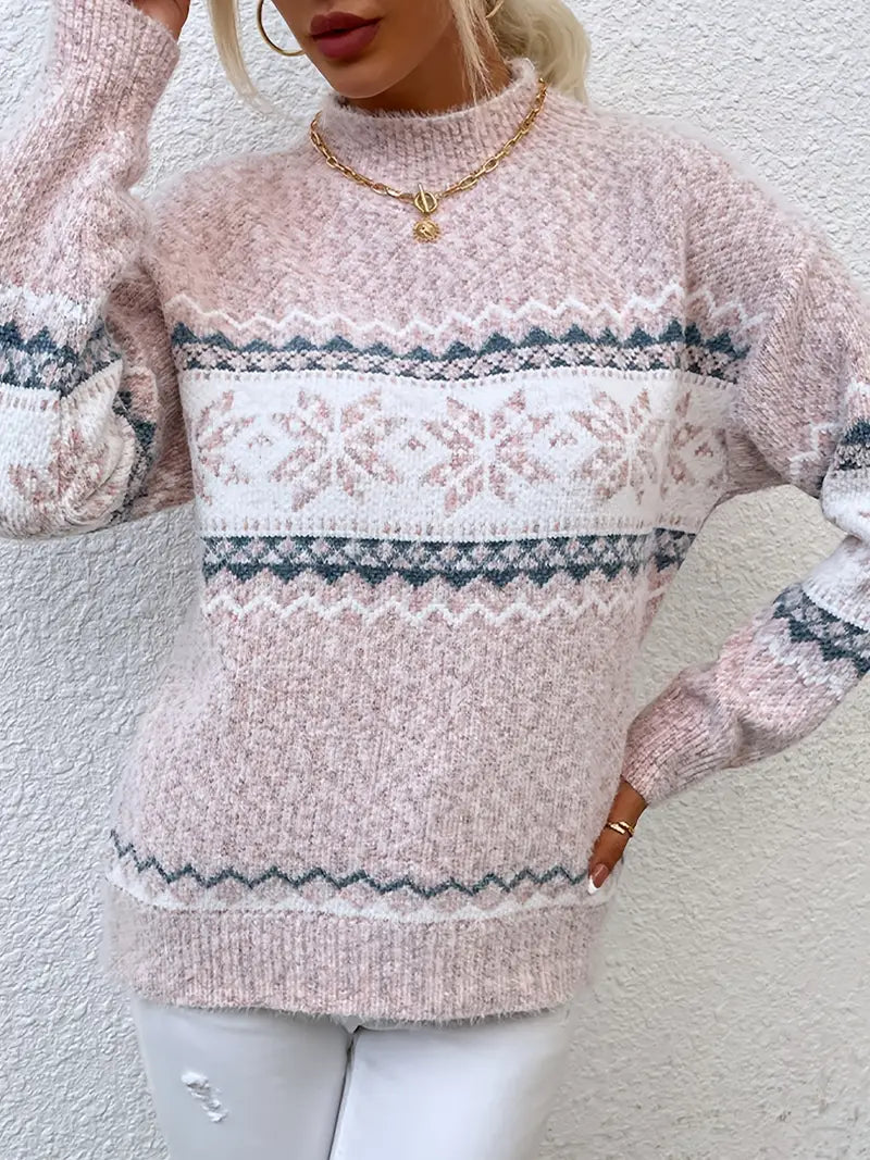 Snöflingestickad lös varm tröja för kvinnor