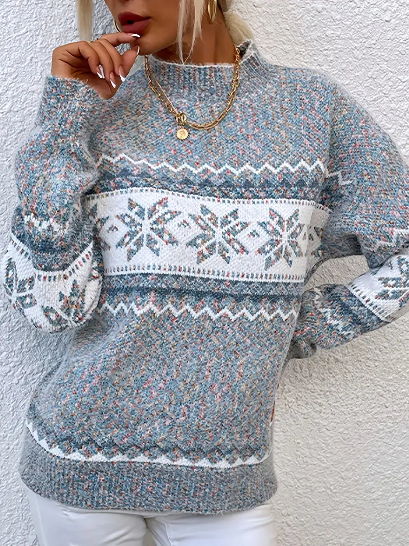 Snöflingestickad lös varm tröja för kvinnor