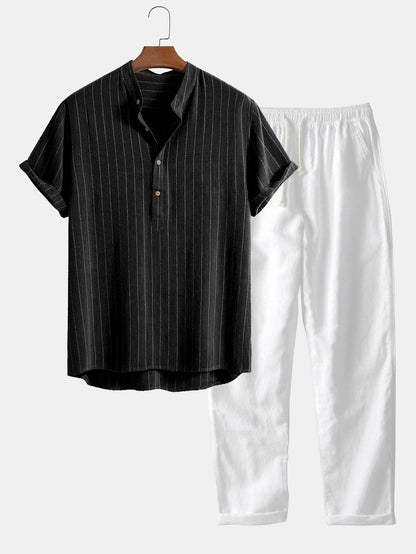 Linen Blend Striped Half Open Placket Henley Collar Shirt &amp; Straight Leg Linen Pants