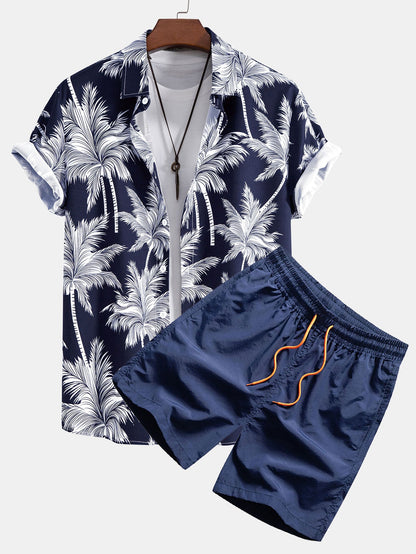 Skjorta med knappar och badshorts med palmträdstryck