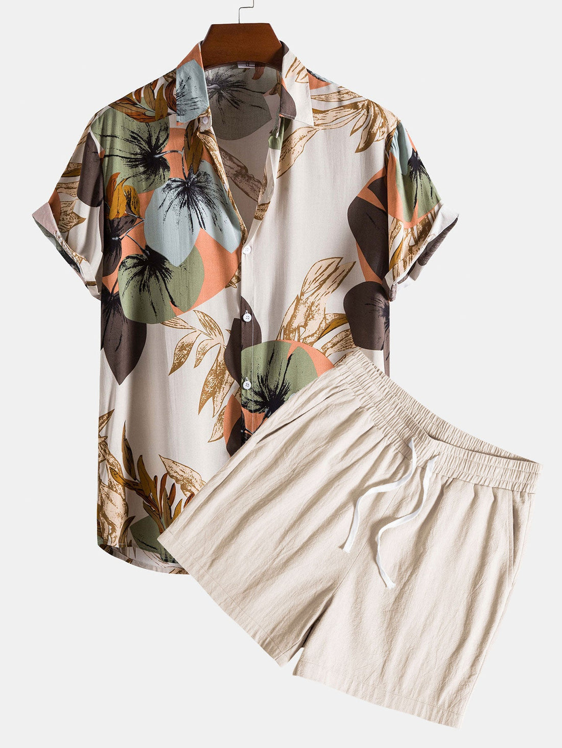 Tropical Print Shirt &amp; Textured Cotton 5&quot; Shorts