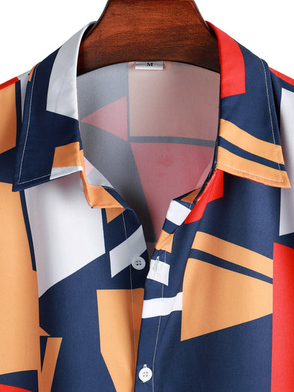 Geometry Print Button Up Shirt &amp; Swim Shorts