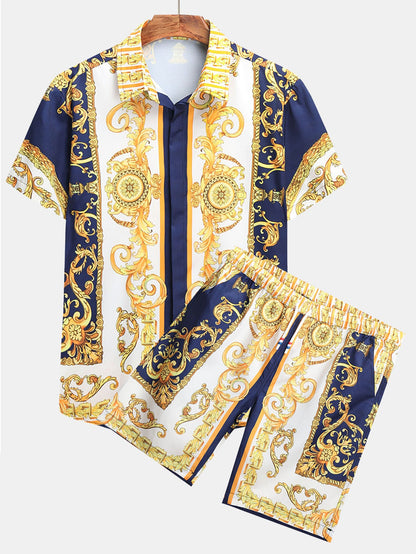 Baroque Print Button Up Shirt &amp; Shorts