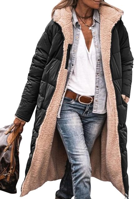 Hazel - Vändbar sherpa fleece lång pufferjacka med huva ytterkläder