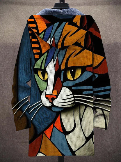 Garfi - Unisex abstrakt konst katt tryck plysch tjock långärmad jumper jacka cardigan