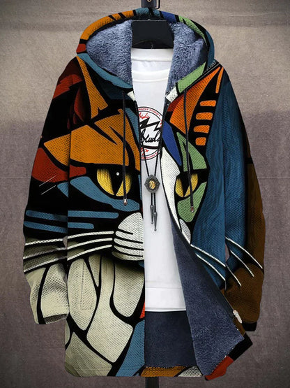 Garfi - Unisex abstrakt konst katt tryck plysch tjock långärmad jumper jacka cardigan